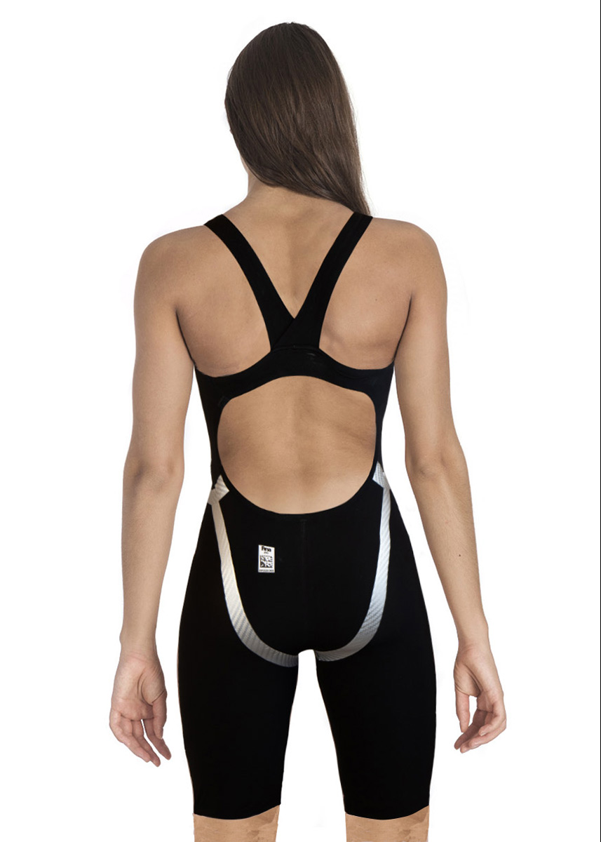 Front view of lady wearing Akron Womens Ultraskin Limited Edition Openback Kneesuit - Black
