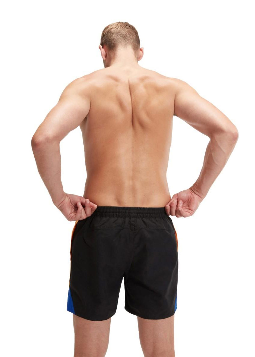 Man with arms crossed wearing Speedo HyperBoom Splice 16" Watershort - Black / Mandarin / Cobalt