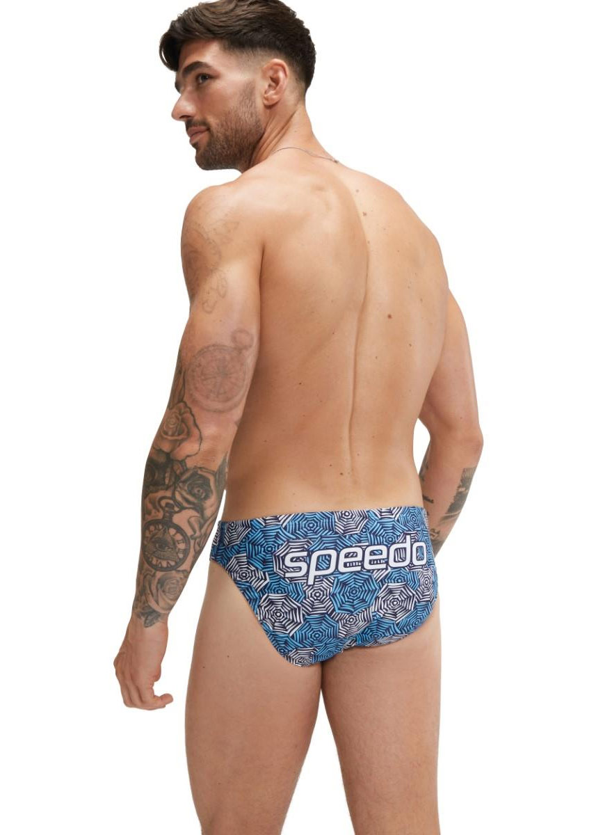 Man smiling looking towards his left wearing Speedo 5 cm Escape Brief - Blue / White