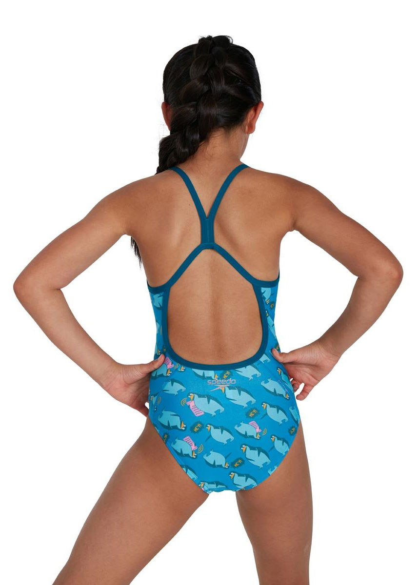 Speedo Girl's Flipper Phone Allover Vback Swimsuit - Pool/ Adriatic/ Teal/ Yellow