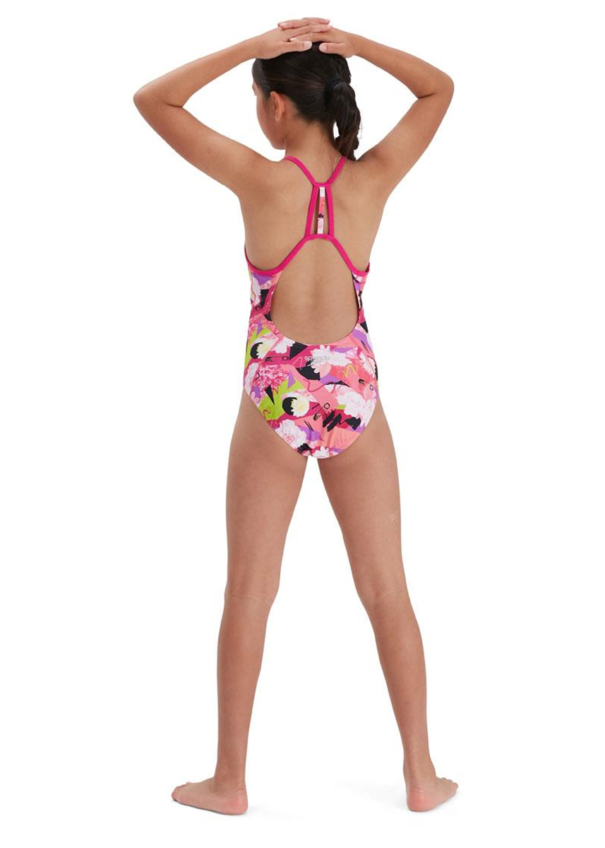 Speedo Girl's Punk Floral Lane Line Back Swimsuit - Pink/ White/ Black/ Lime