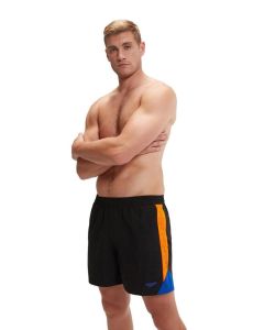 Man with arms crossed wearing Speedo HyperBoom Splice 16" Watershort - Black / Mandarin / Cobalt Man with arms crossed wearing Speedo HyperBoom Splice 16" Watershort - Black / Mandarin / Cobalt