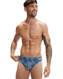 Man smiling looking towards his left wearing Speedo 5 cm Escape Brief - Blue / White