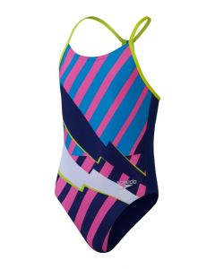  Speedo Girls Placement Lane Electrify Swimsuit - Blue / Pink / Lime