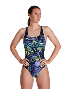 Speedo Placement Powerback Swimsuit - Navy/ Ultraviolet/ Yellow/ Adriatic
