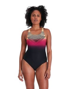 Speedo Digital Placement Medalist Swimsuit - Black/ Papaya Punch/ Magenta 