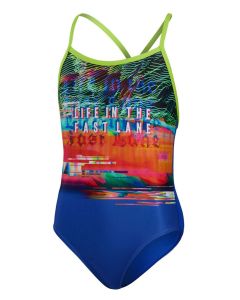 Speedo Girl's Fast Lane Placement Vback Swimsuit - Blue/ Lime/ Salso/ White