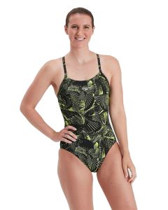 Speedo Allover Fixed Crossback Swimsuit - Black/ Atomic Lime
