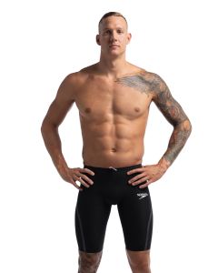Man wearing Speedo Fastskin LZR Pure Intent 2.0 Backstroke Edition High Waist Jammer - Black / Iridescent -Front view
