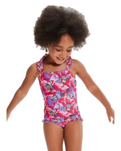 Speedo Girls Learn to Swim Printed Frill Thinstrap Swimsuit - Cherry Pink / Sweet Taro / Hellium