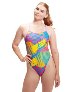 Front view of woman wearing Speedo Allover Digital Vback Rally Car Rumble Swimsuit - Pink / Yellow Front view of woman wearing Speedo Allover Digital Vback Rally Car Rumble Swimsuit - Pink / Yellow