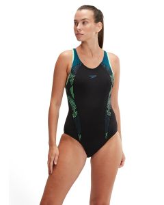 Speedo Placement Laneback Swimsuit - Black / Teal / Green