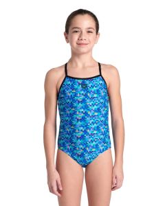 Girl wearing Arena Girls Pool Tiles Light Drop Back - Black / Blue Multi - Front view