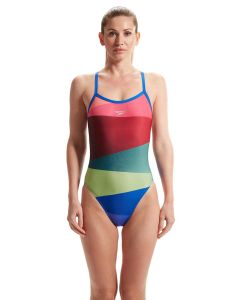 Front view of woman wearing Speedo Placement Digital Turnback Swimsuit - Red / Green Front view of woman wearing Speedo Placement Digital Turnback Swimsuit - Red / Green