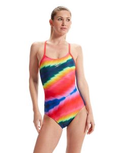 Front view of woman wearing Speedo Allover Fixed Crossback Swimsuit - Blue / Pink