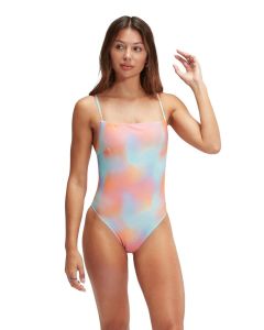 Front view of woman wearing Speedo Printed Adjustable Thinstrap Swimsuit - Blue / Orange