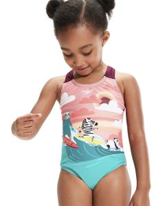  Speedo Junior Girls' Digital Printed Swimsuit - Pesca Pink/Paprika Red/Coral Pink/Turquoise