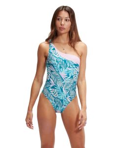 Lady wearing Speedo Printed Asymetric Swimsuit - Blue / Pink - Front view