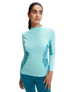 Front view of lady wearing Speedo Womens Printed Long Sleeve Rash Top - Blue
