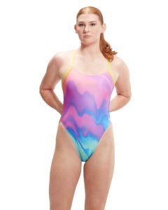 Woman with hands tied back wearing Speedo Allover Digital Tie Back Pastel Ripples Swimsuit - Pink / Blue