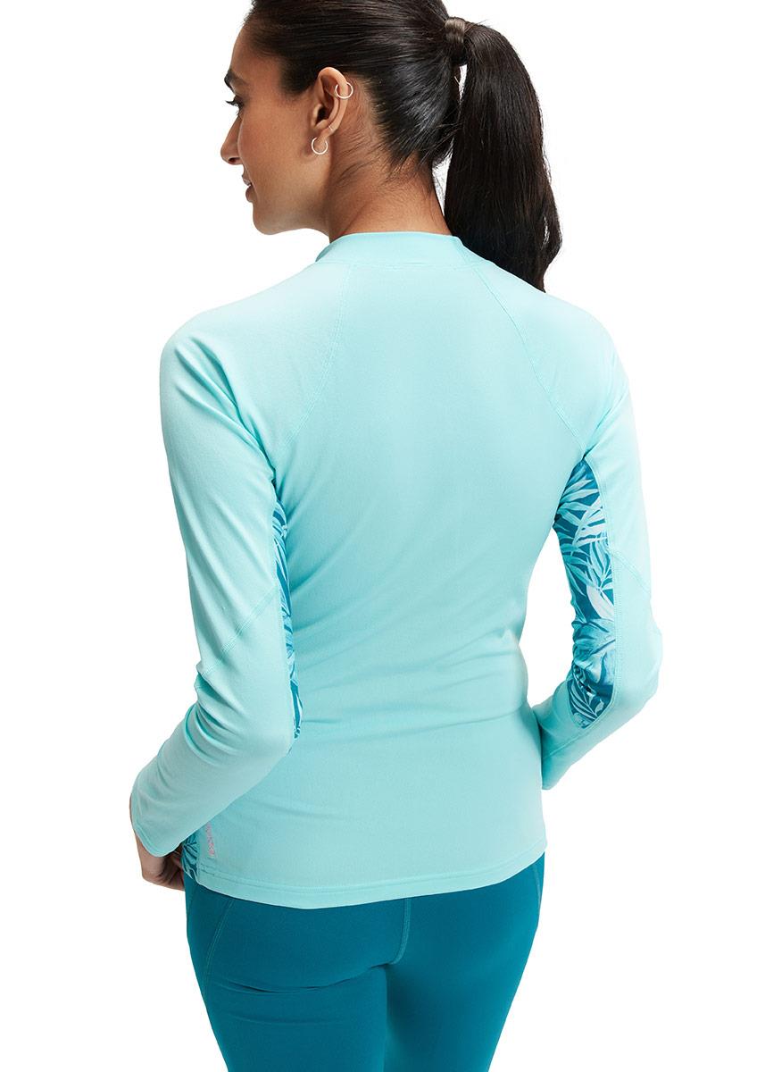 Front view of lady wearing Speedo Womens Printed Long Sleeve Rash Top - Blue