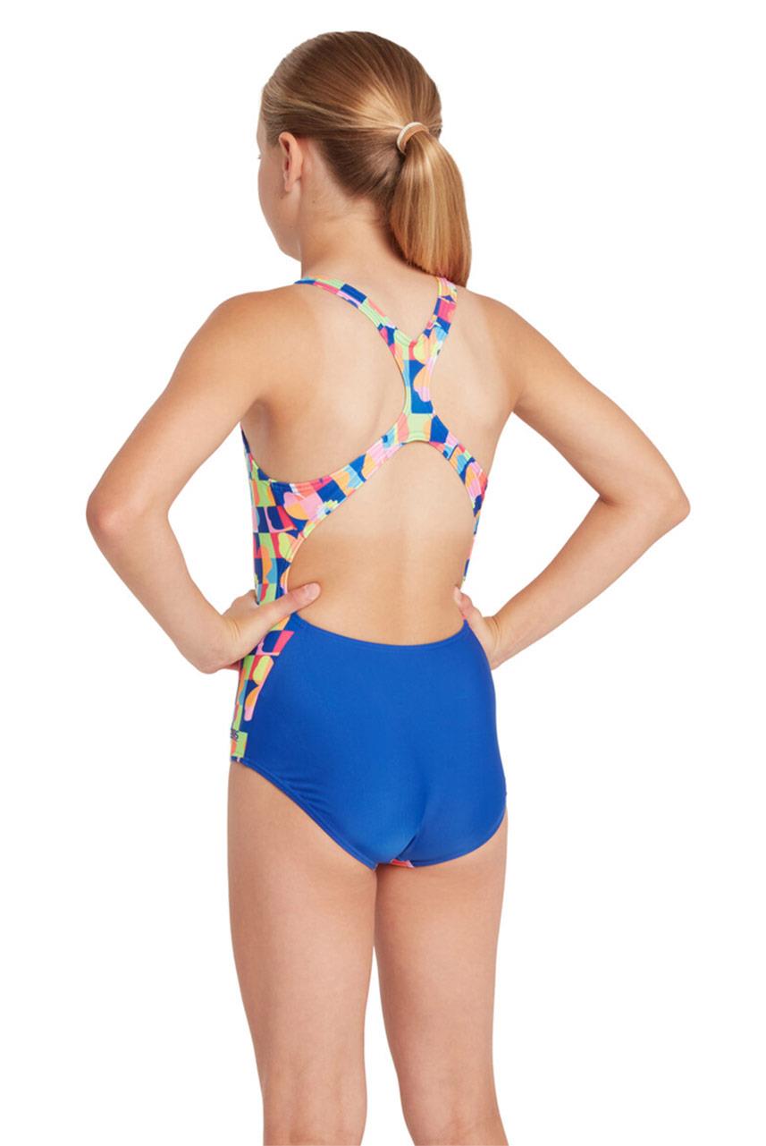 Girl wearing Zoggs Girls Flowerpatch Rowleeback Swimsuit - Front view