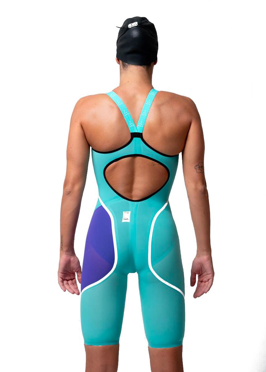 Front view of Akron Venom Hero Womens Openback Kneesuit - Tiffany / Violet 