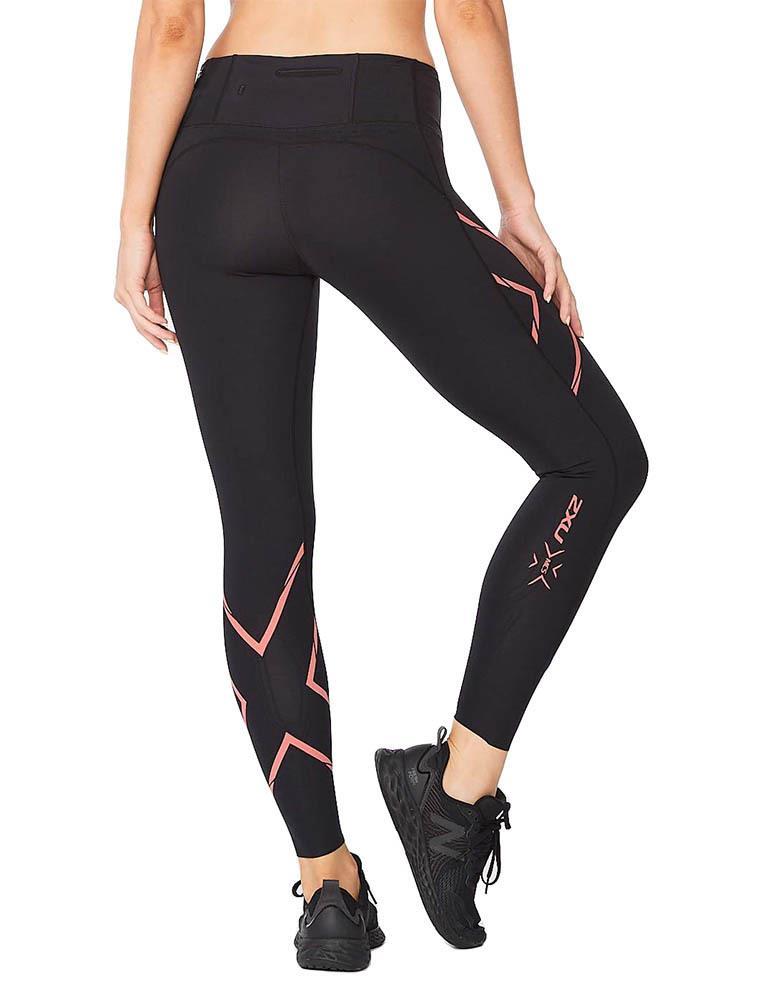 2XU Women's Light Speed Mid-Rise Compression Tights - Black / Cranberry Reflective