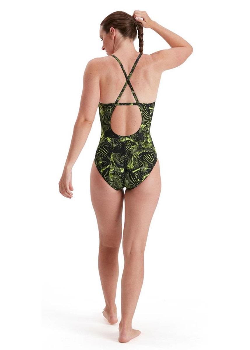 Speedo Allover Fixed Crossback Swimsuit - Black/ Atomic Lime