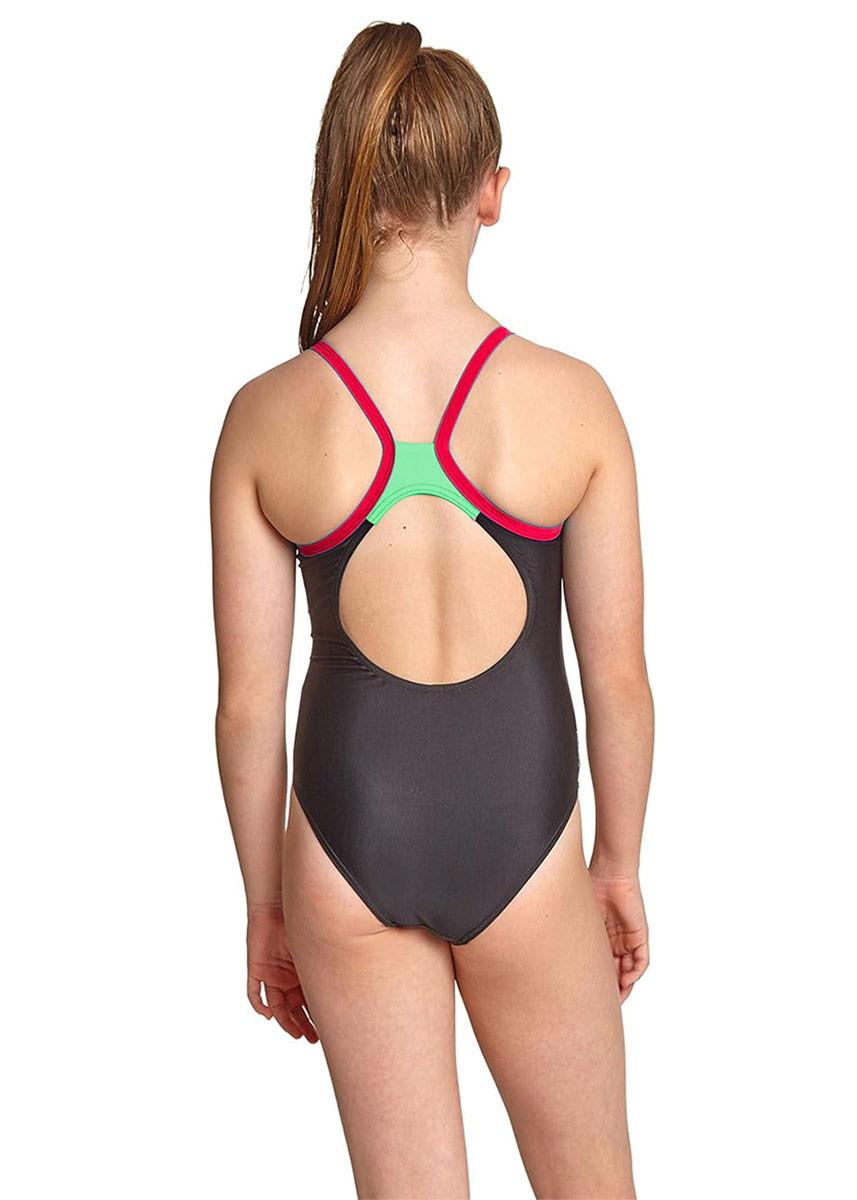 Girl wearing Zoggs Girls Kerrawa Strikeback Swimsuit - Black / Green / Magenta - Front view