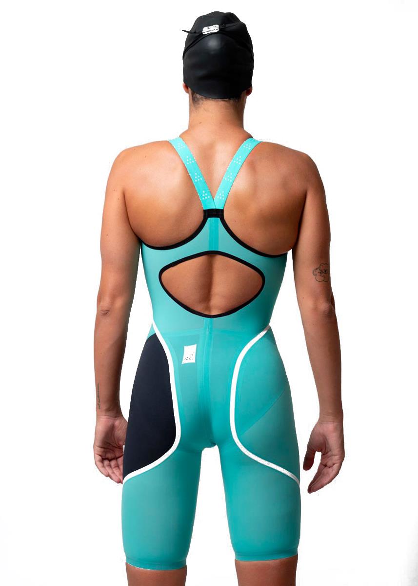 Front view of Akron Venom Hero Womens Openback Kneesuit - Tiffany / Dark Blue 
