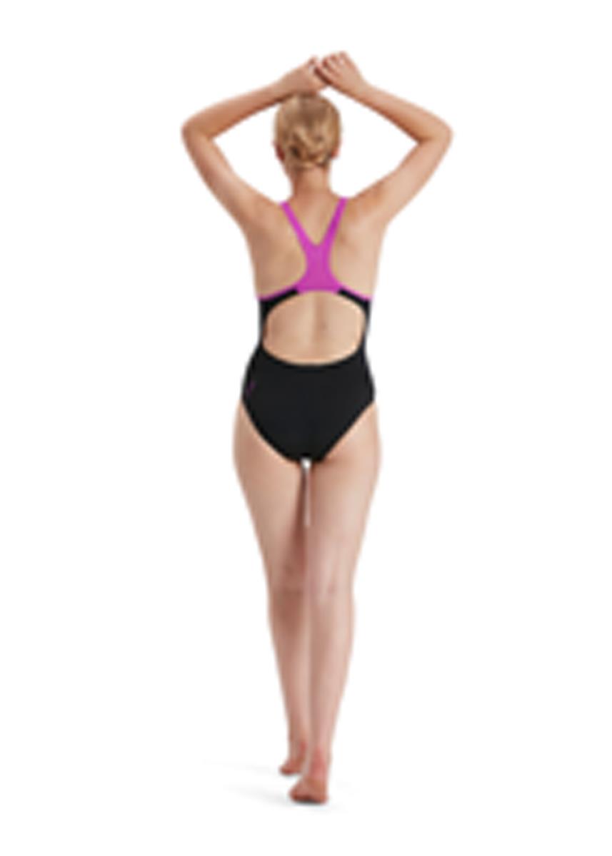 Speedo Plastisol Laneback Swimsuit - Black/ Neon Orchid