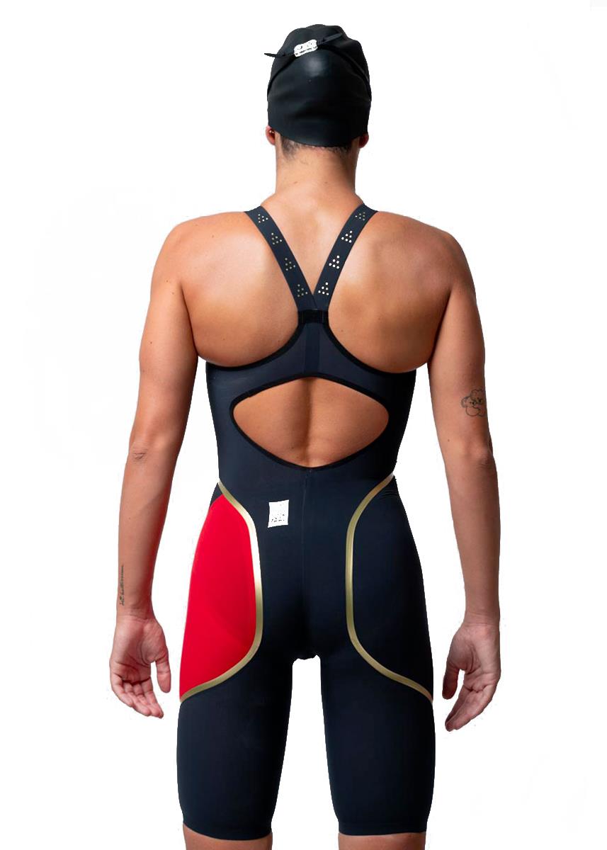 Front view of Akron Venom Hero Womens Openback Kneesuit - Dark Blue / Red 